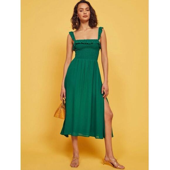 Reformation Green Serpentine Siesta Smocked Ruffle Midi Dress XS - Picture 1 of 8
